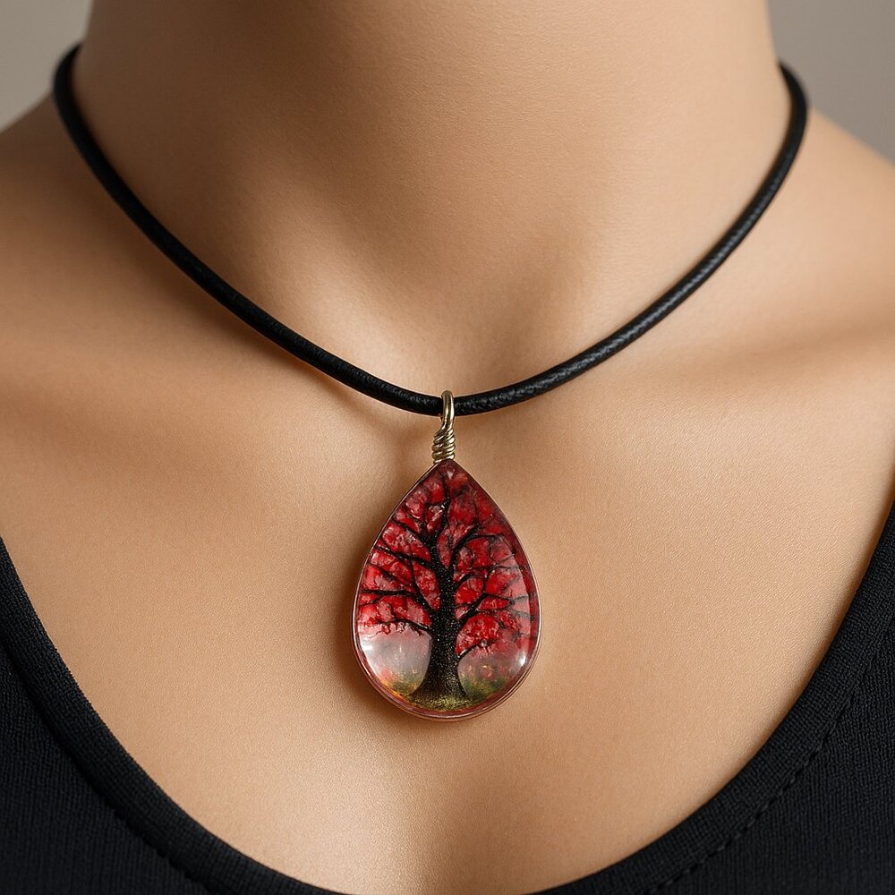 Red Blossom Tree Teardrop Resin Necklace – Black Cord Women’s Fashion Jewelry